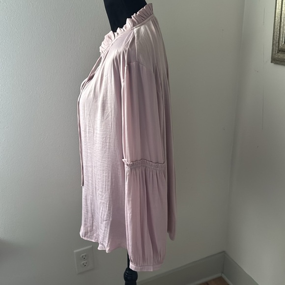 LOFT split ruffle collar ties long sleeves mixed media pink blouse top Sz L - Picture 3 of 8
